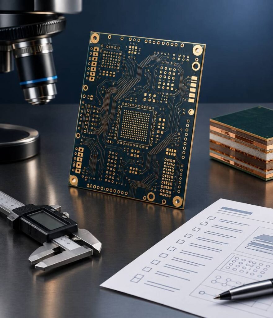 Bare multilayer PCB with inspection tools, material sample, and engineering documents representing criteria for evaluating a reliable China PCB manufacturer