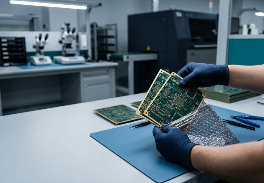Bare printed circuit boards being placed into protective ESD packaging in a PCB fabrication facility