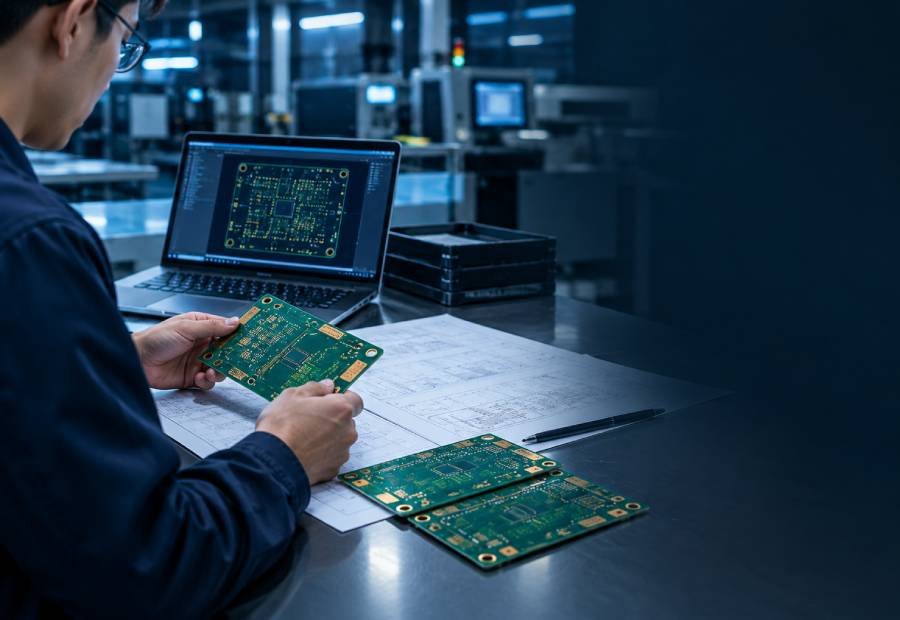 PCB manufacturing engineer reviewing bare prototype circuit boards and production requirements