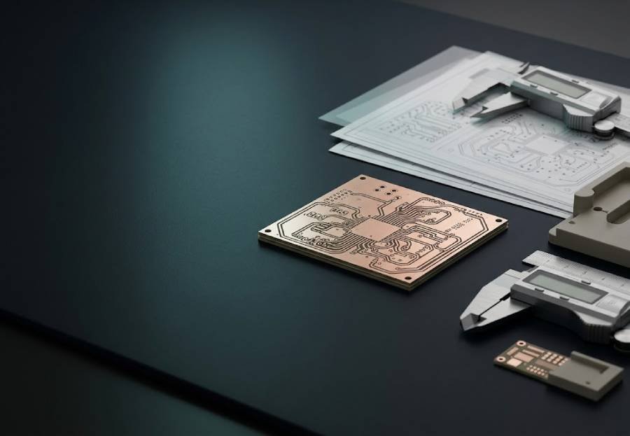 Bare printed circuit board and fabrication drawings prepared for a PCB manufacturing quotation review