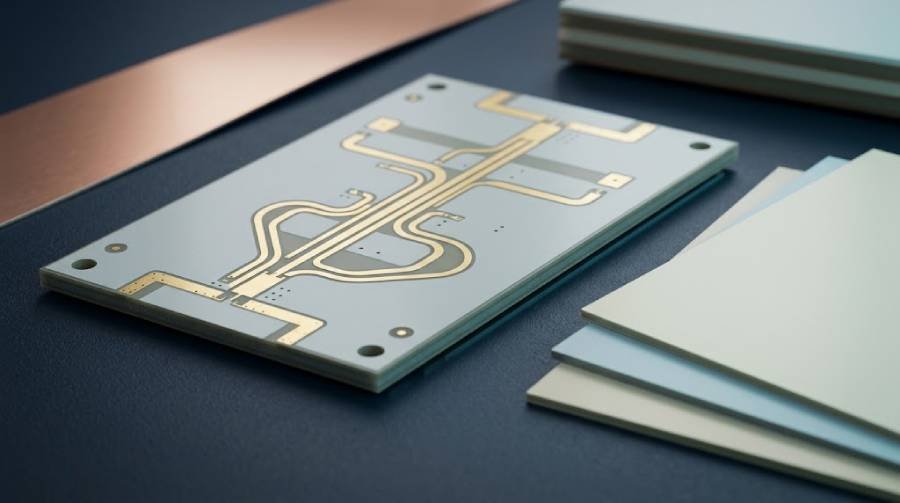Low-loss laminate samples and a bare RF PCB with controlled-impedance copper transmission lines