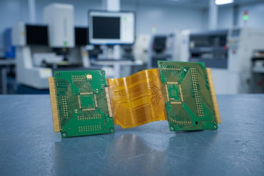 Bare rigid-flex PCB with rigid FR-4 sections, integrated flexible polyimide circuit, copper traces, vias, and gold-finished pads