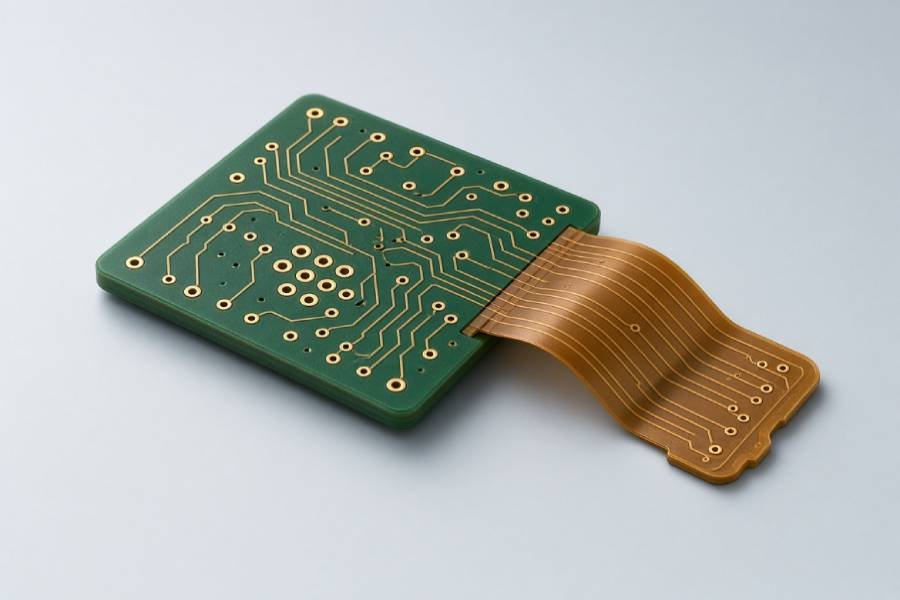 Bare rigid-flex PCB with a rigid board section, integrated flexible circuit, copper traces, vias, and gold-finished pads for compact industry applications