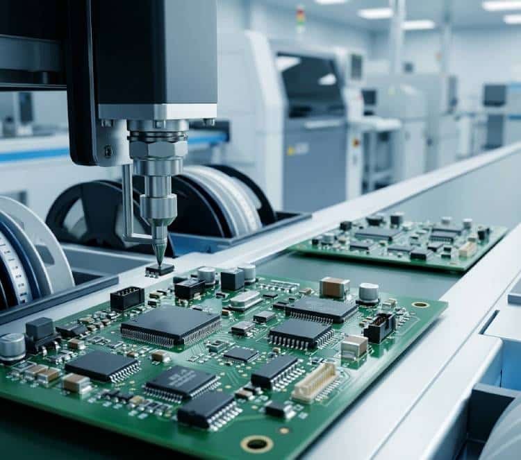 SMT pick-and-place machine assembling electronic components onto a printed circuit board