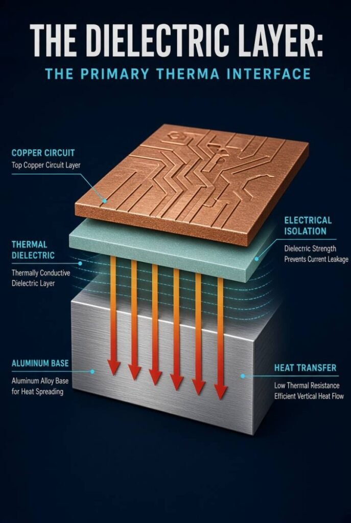 Close-up of a thermally conductive dielectric layer between copper circuitry and aluminum base in an insulated metal substrate PCB