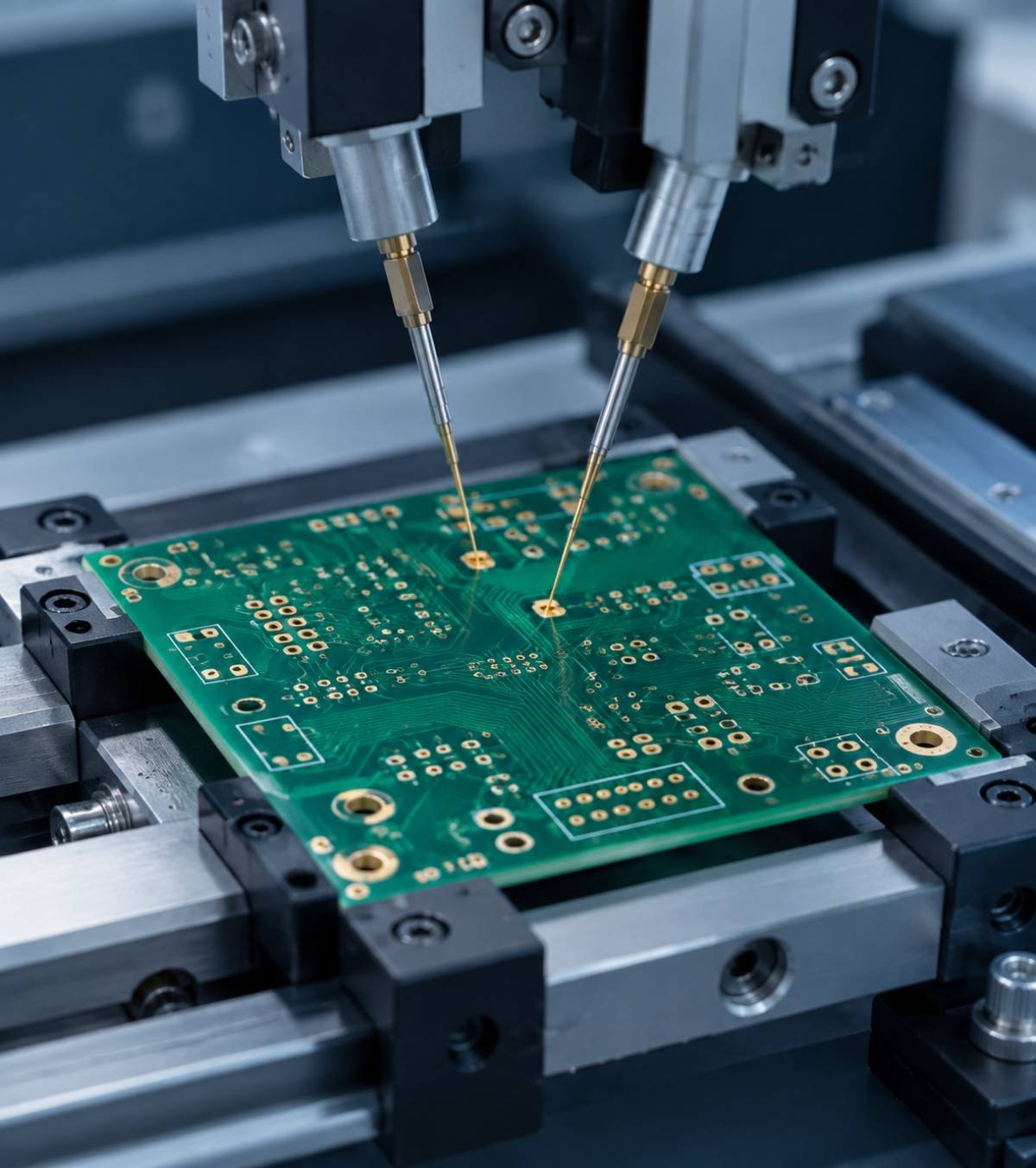 Illustration of flying probe testing on an unpopulated green PCB with probes contacting gold test pads