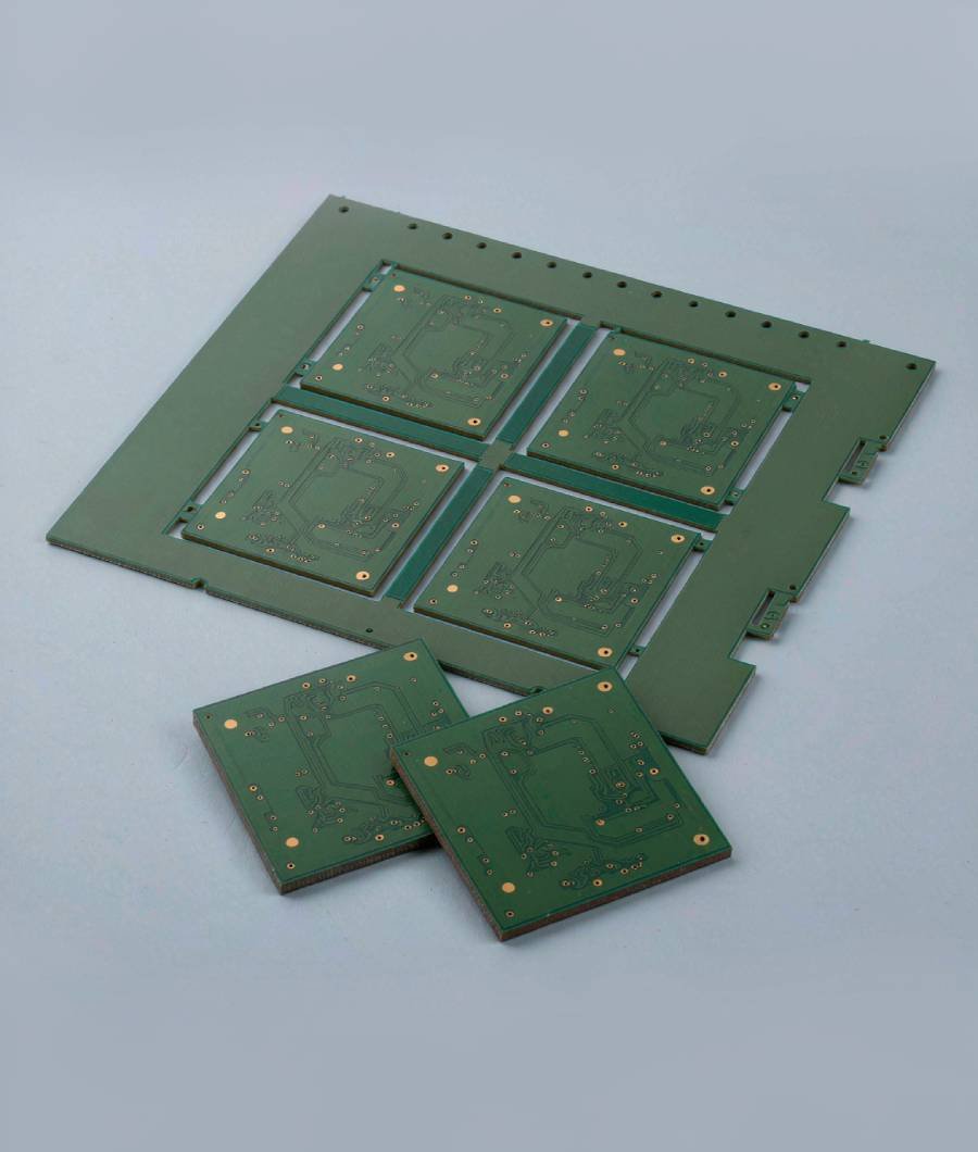 Illustration of a green bare PCB production panel with matching individual unpopulated boards