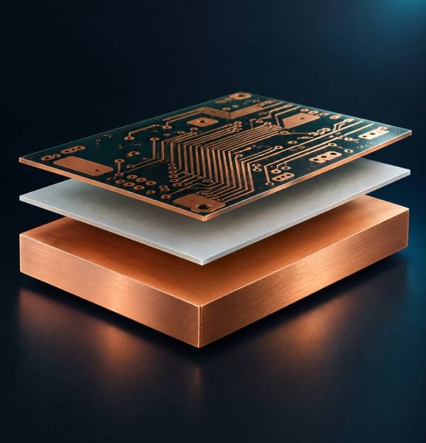 Exploded copper core PCB material stackup showing circuit copper dielectric insulation and copper base plate
