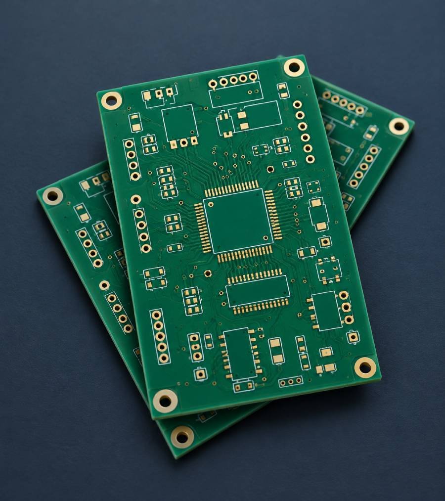 Three unpopulated green PCB prototype boards with gold-finished pads, arranged on a dark blue-gray surface