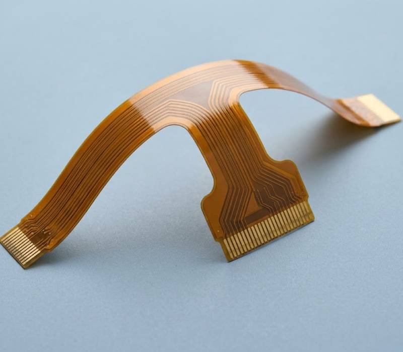 Amber flexible circuit with a gentle bend and exposed gold-colored contact fingers