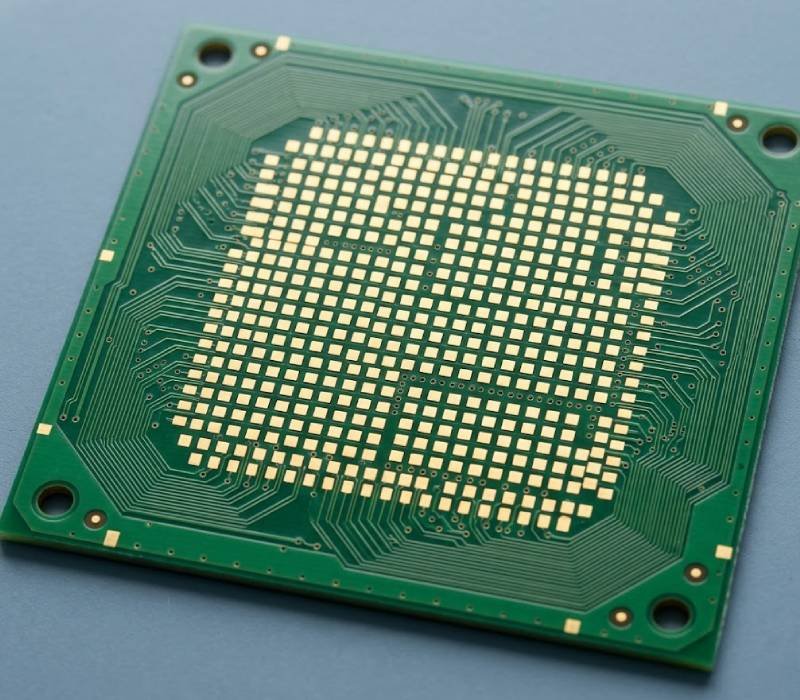 Close-up of a green bare PCB with a dense gold-colored pad array and fine circuit features
