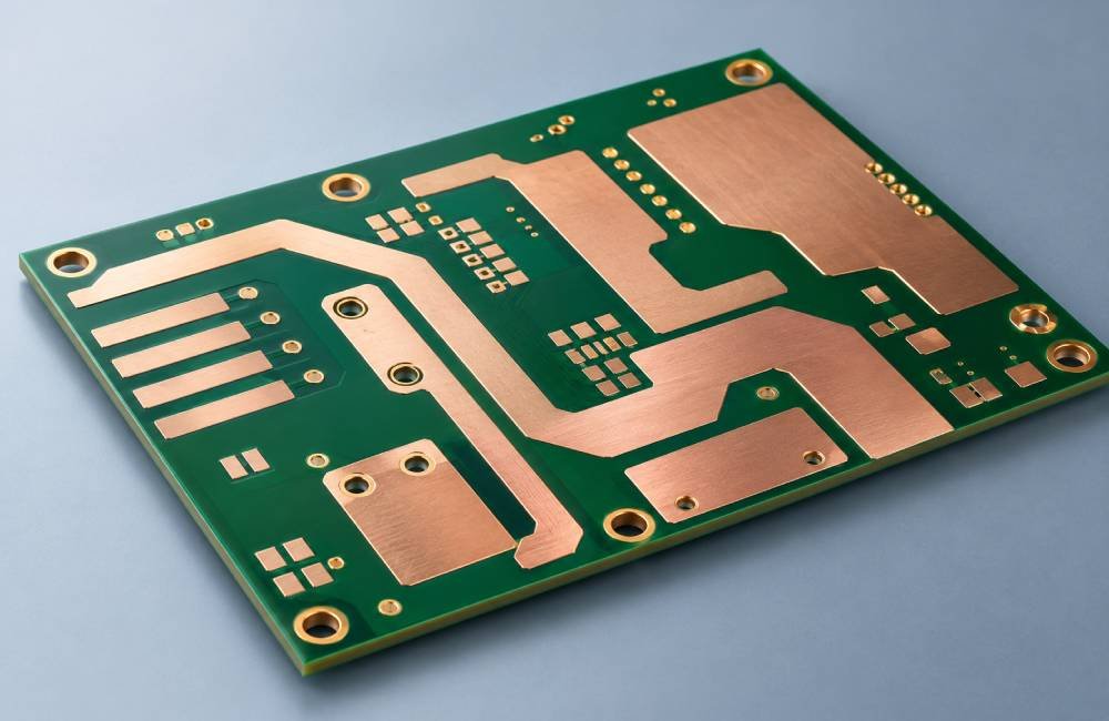 Close-up of a bare PCB with wide exposed copper conductors and large connection pads