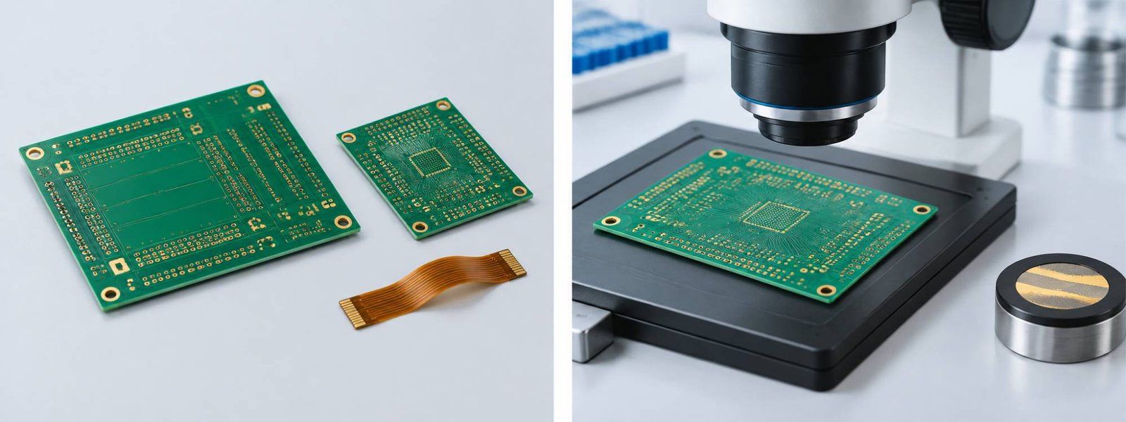 Illustrative rigid bare PCBs and flexible circuit samples for industrial electronics