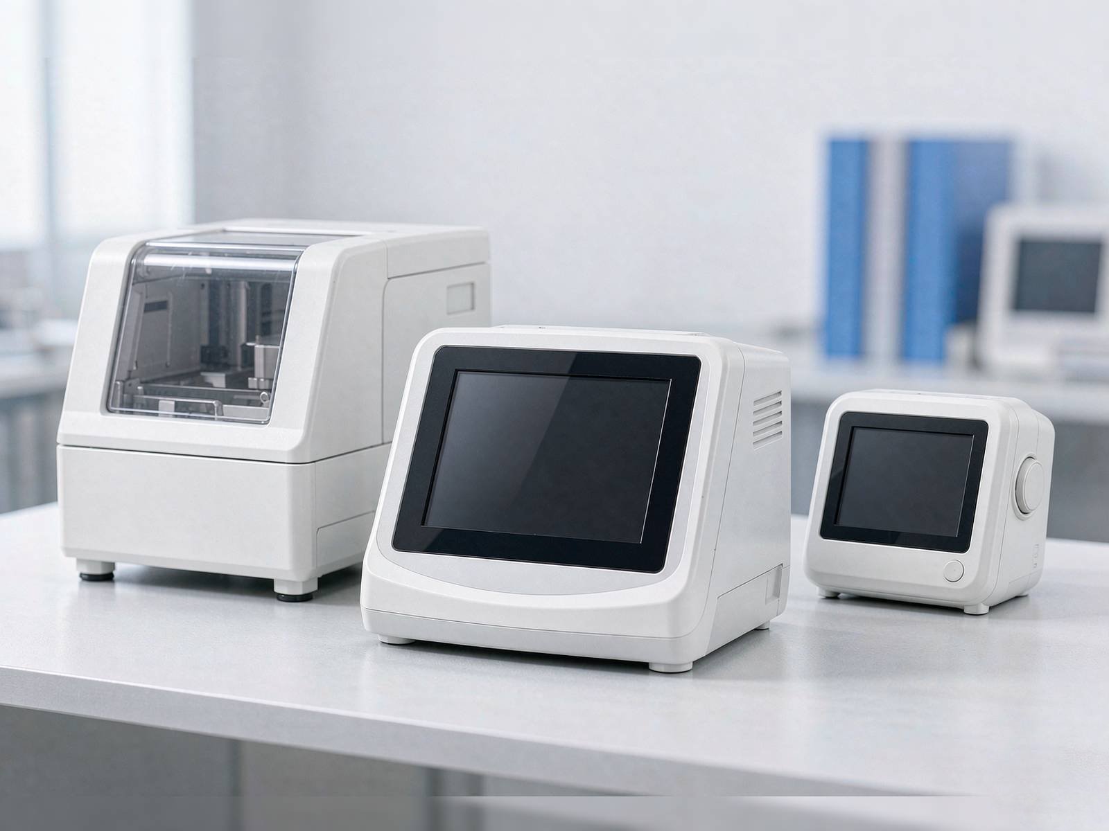 Illustrative patient monitor, laboratory analyzer and portable measurement device showing medical electronics applications