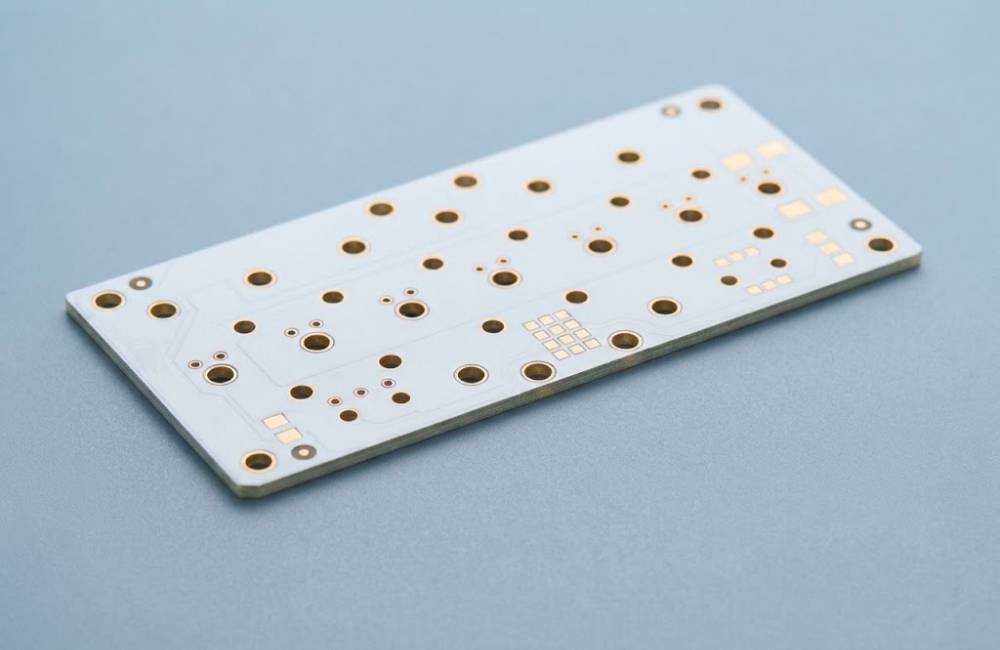 White metal core bare PCB with exposed pads and a visible silver-colored aluminum base edge