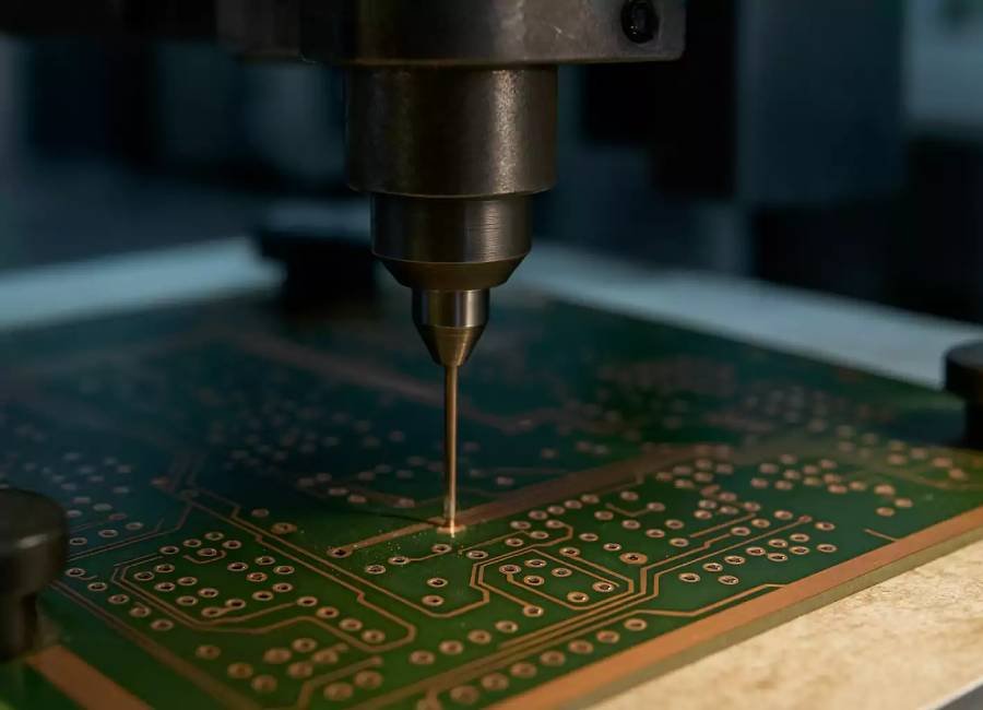 PCB drilling equipment with a production panel in the work area