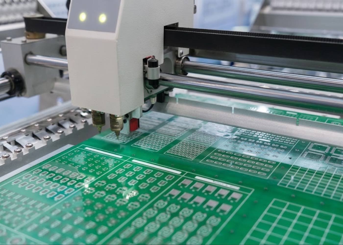 PCB fabrication equipment and production panels in a manufacturing area