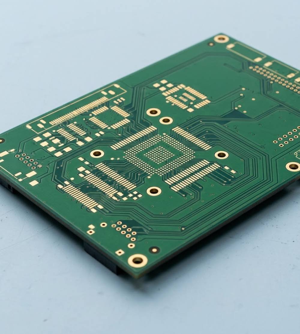 Close-up of a green bare PCB showing gold-colored pads, plated holes and a visible board edge