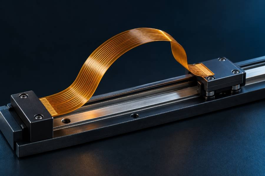 Polyimide flexible PCB forming a smooth rolling loop between a fixed clamp and a linear motion carriage