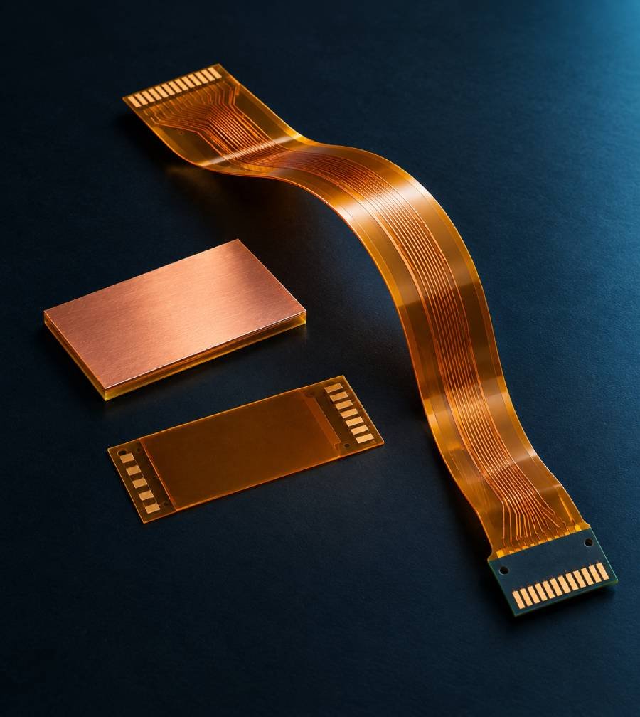 Amber polyimide flexible PCB with copper traces beside copper-clad film and coverlay samples