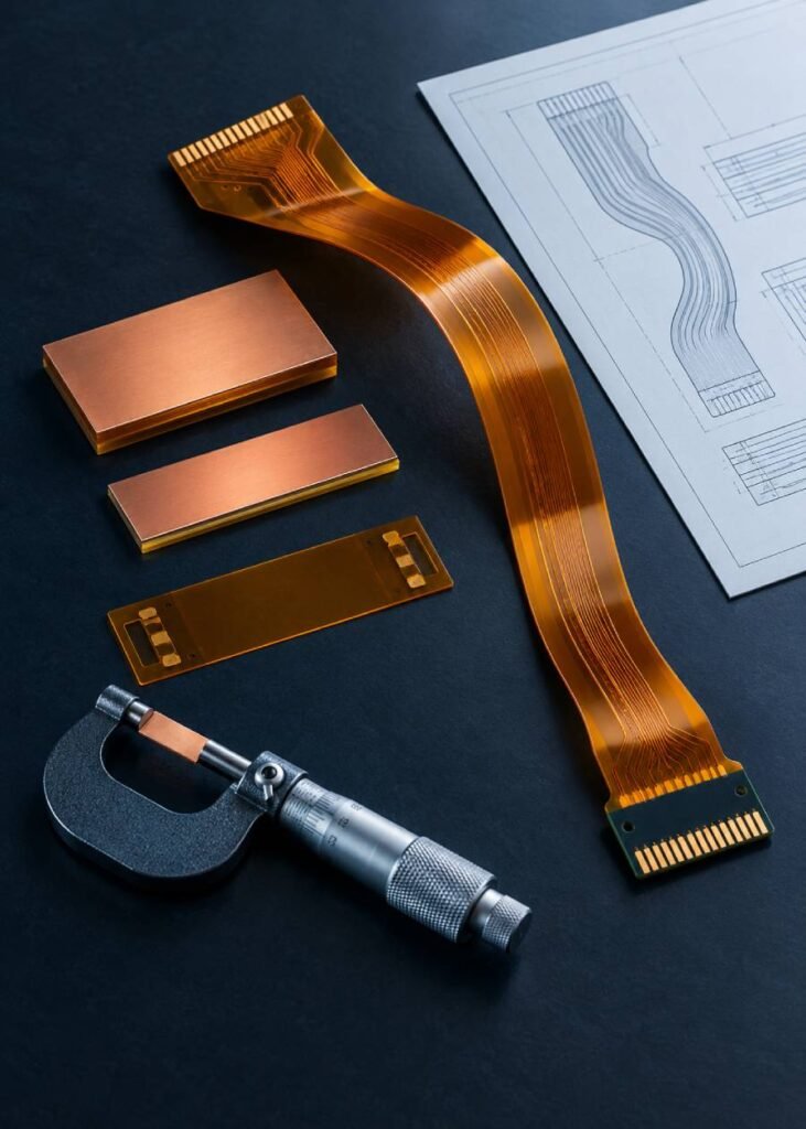 Polyimide flex PCB, coverlay and stiffener samples arranged with a micrometer for quotation specification review