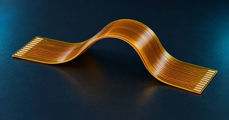 Amber polyimide flexible PCB with a smooth U-shaped bend for fixed installation