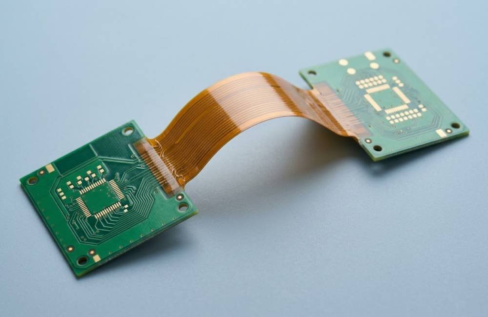 Two green rigid PCB sections joined by an integrated amber flexible circuit