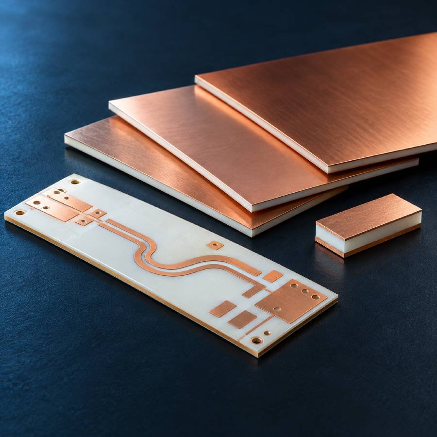 High-frequency copper-clad laminate samples showing dielectric edges, copper foil and a bare RF circuit