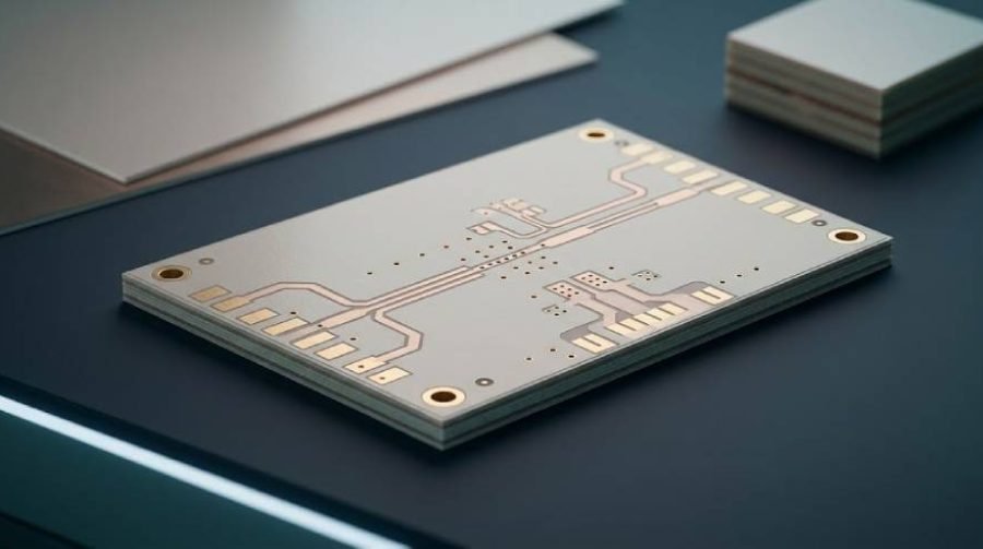 High-frequency bare PCB sample on Rogers laminate with controlled-impedance copper traces